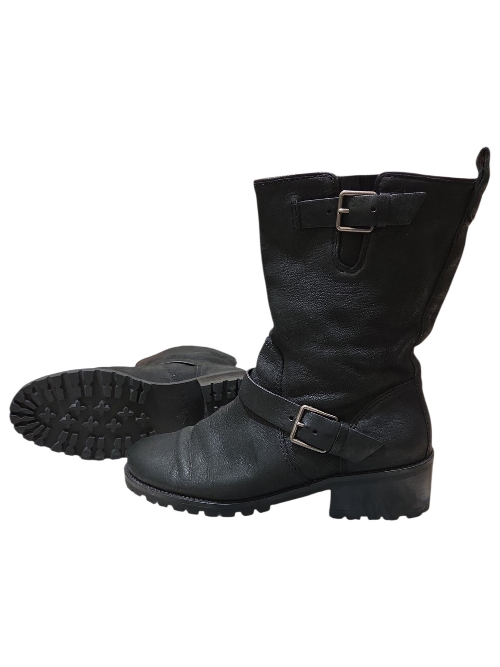 Cole Haan Black Leather Buckle Mid-Calf Combat Boots 9B